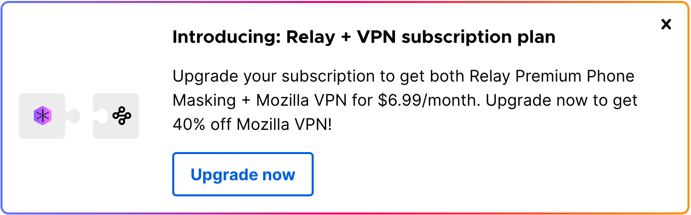 Banner on the Email Masks dashboard introducing the user to the Relay + VPN Bundle, with an 'Upgrade now' button.