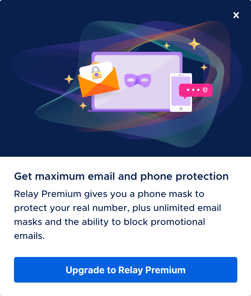 The upgrade notification that appears in the lower right corner of the email masks dashboard, prompting the user to 'Upgrade to Relay Premium'