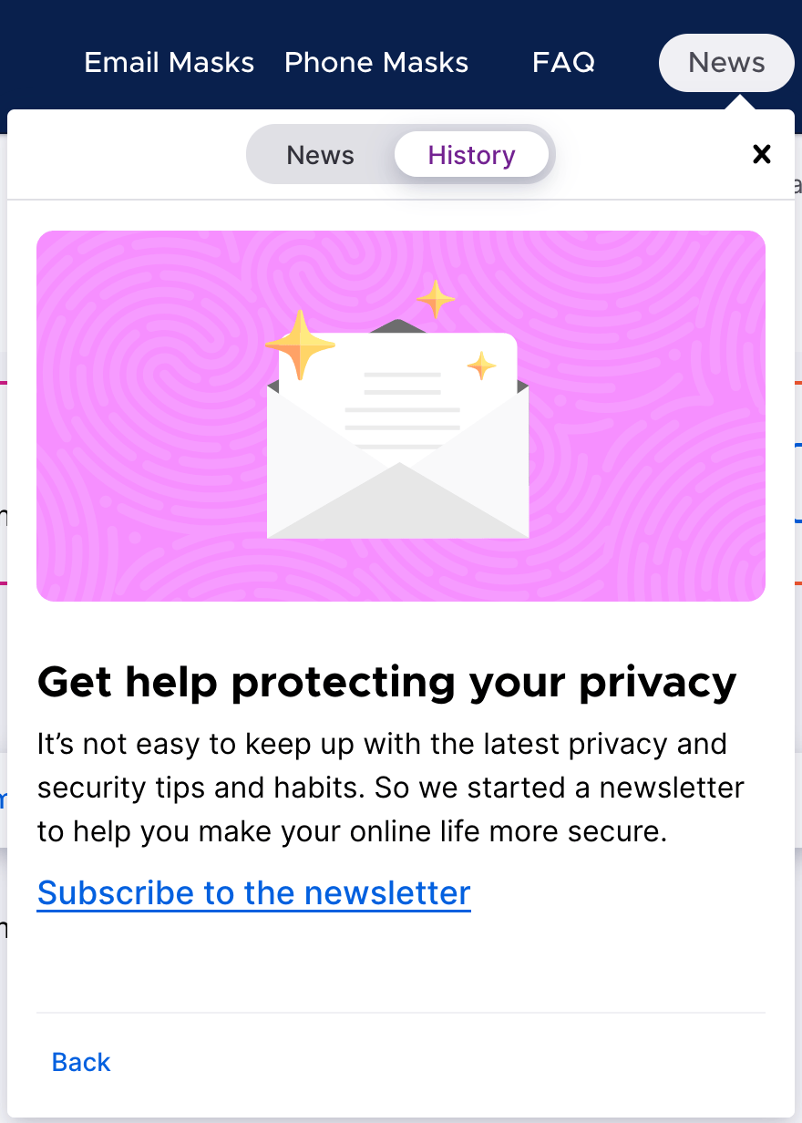 News menu, with the expanded news entry 'Get help protecting your privacy'.