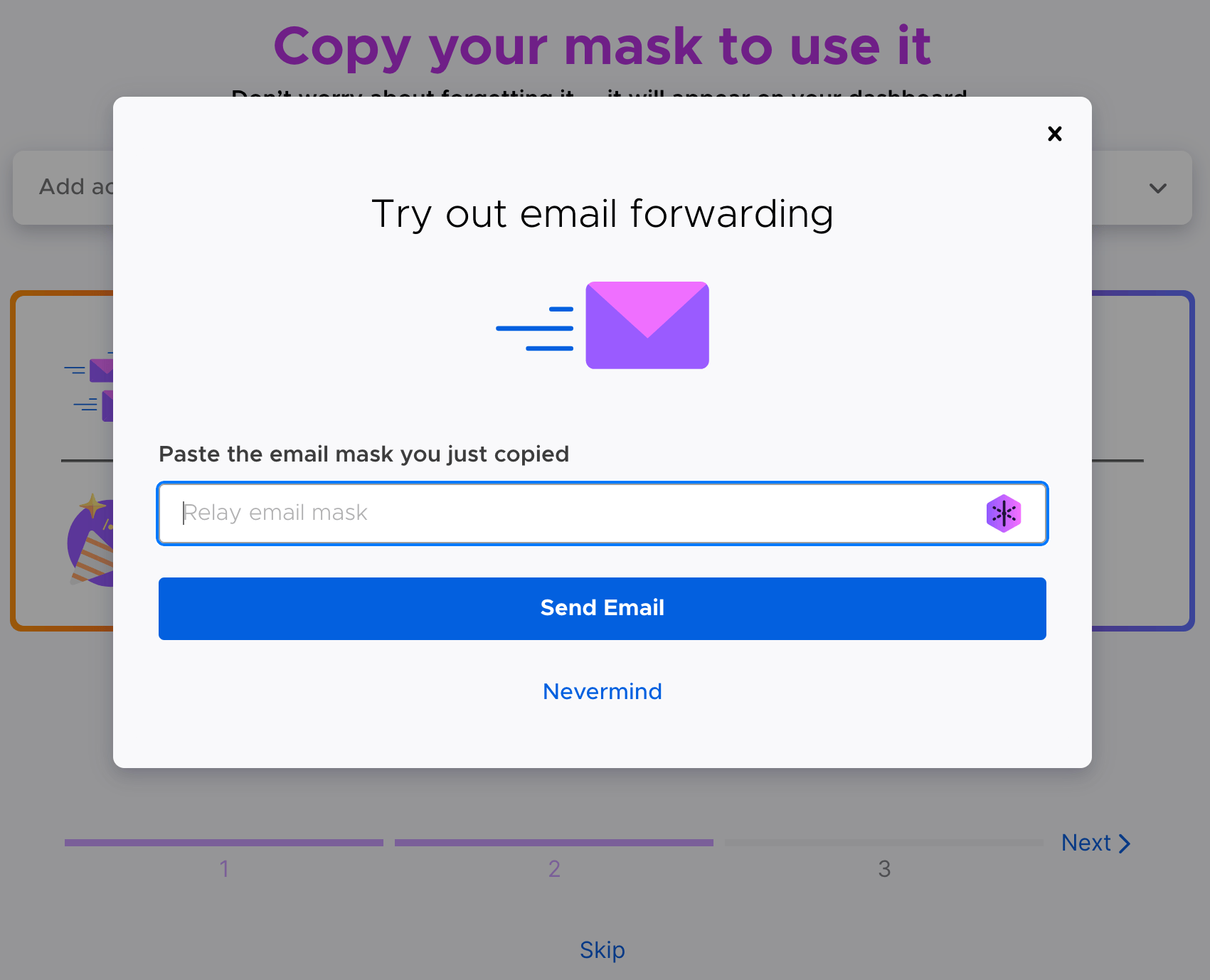 Step 2, part B of free onboarding. The user is prompted to paste the mask.