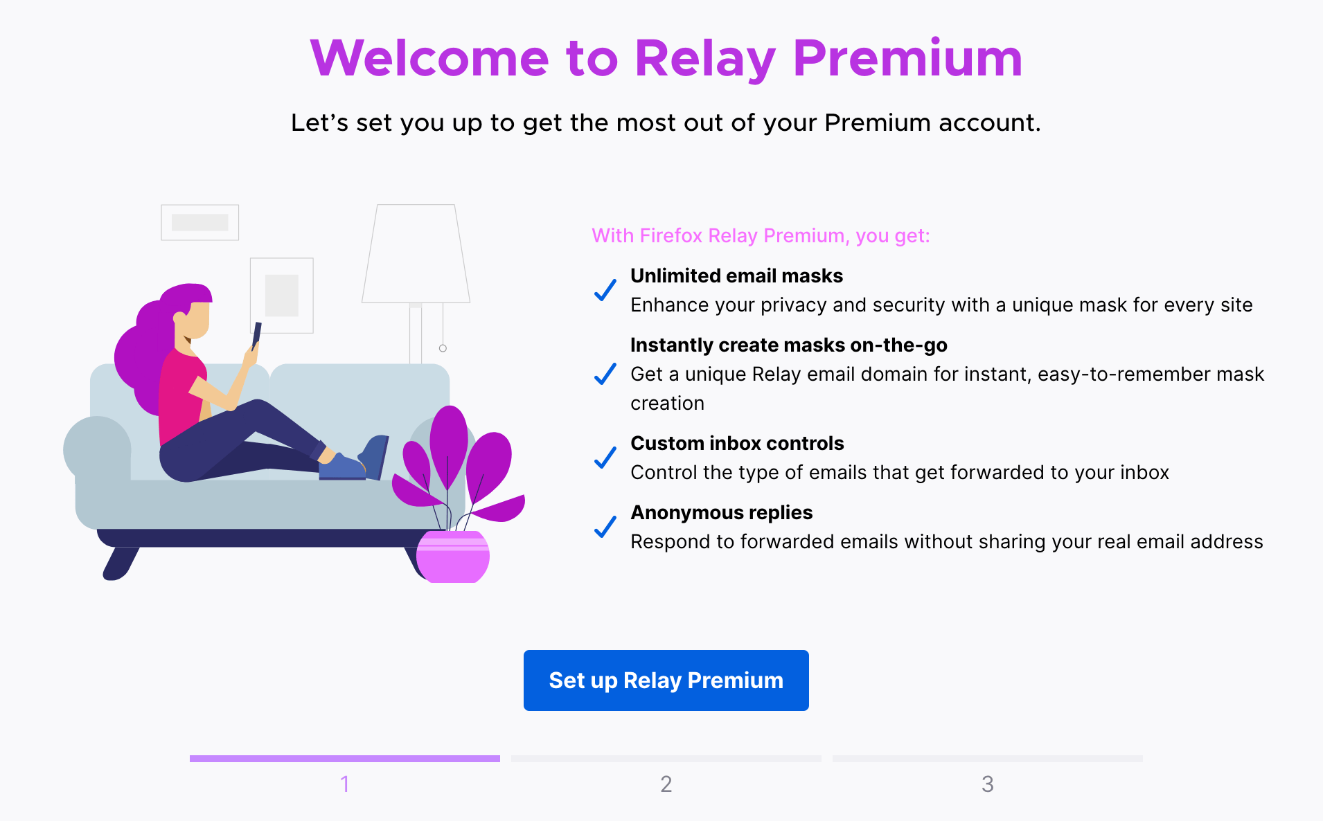 Step 1 of premium onboarding. A list of benefits is shown. The user is prompted to 'Set up Relay Premium'.