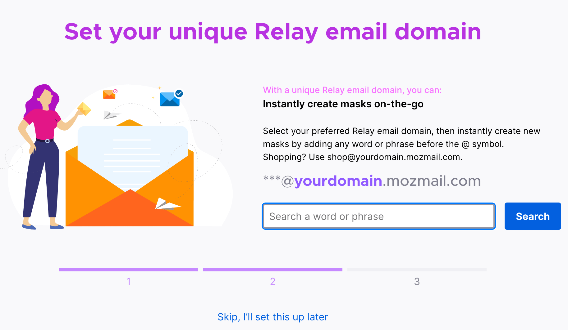 Step 2, part A of premium onboarding. The user is prompted to enter a custom subdomain.