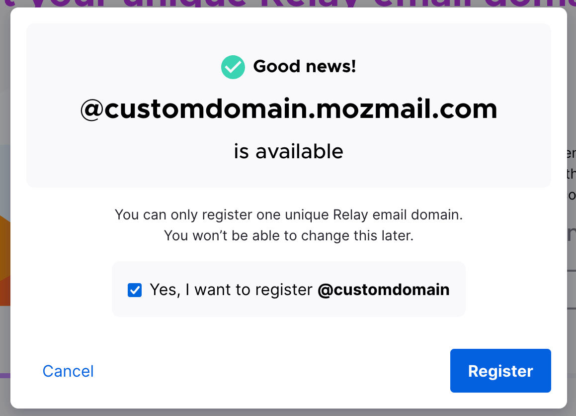 Step 2, part B of premium onboarding. The user is prompted to confirm the custom subdomain.