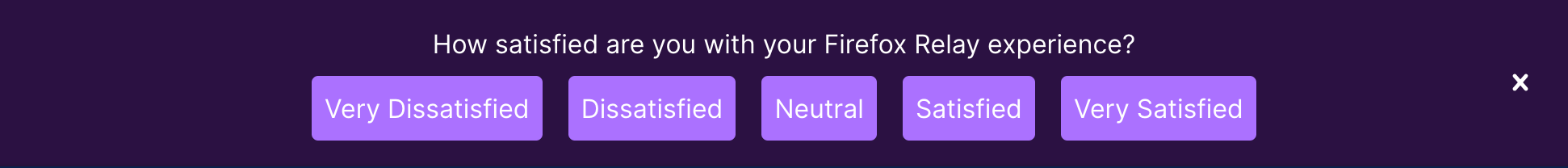 The CSAT survey, asking "How satisfied are you with your Firefox Relay experience?"