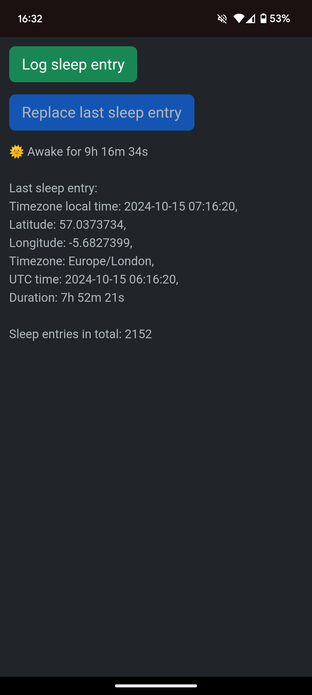 An example of a sleep entry logged on the 15th of October