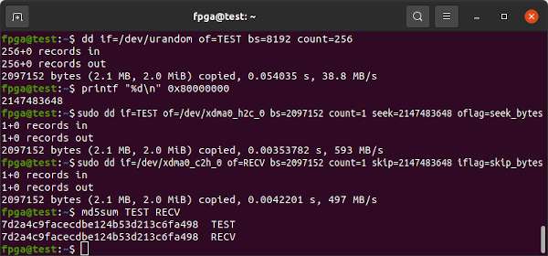 XDMA BRAM Testing Using dd