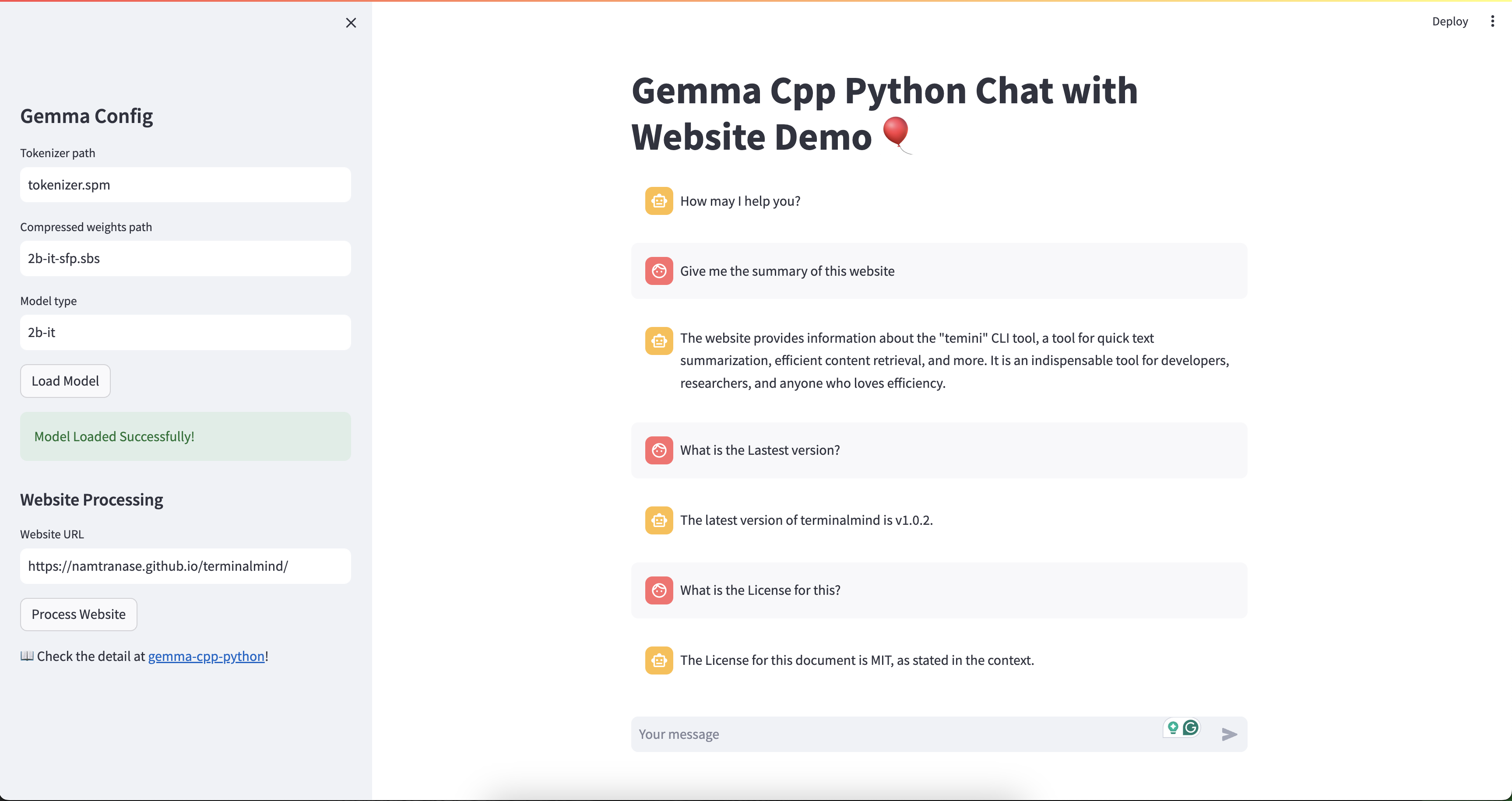 Gemma Cpp Python Chat with Website Demo