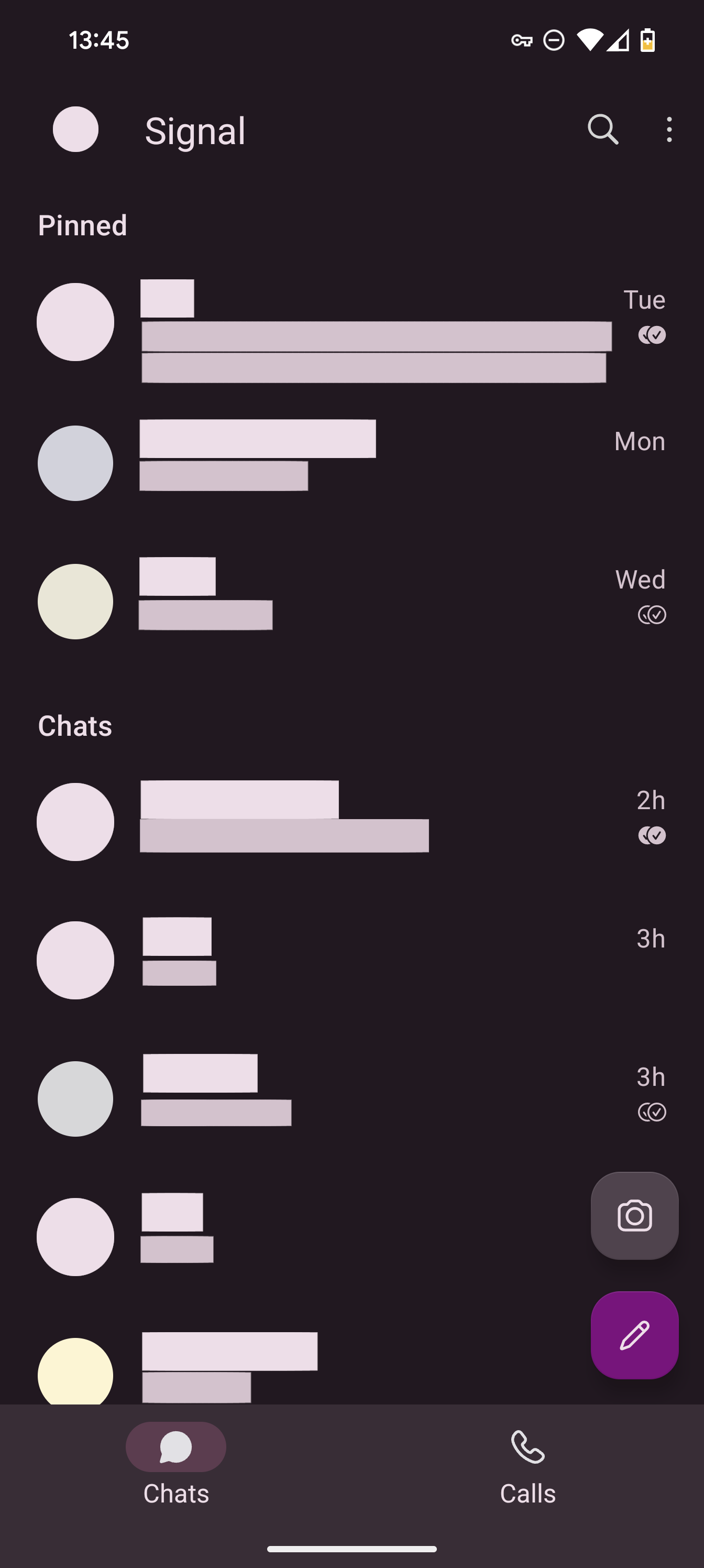 Signal conversation list with Material You colors. The app is mainly dark and pink