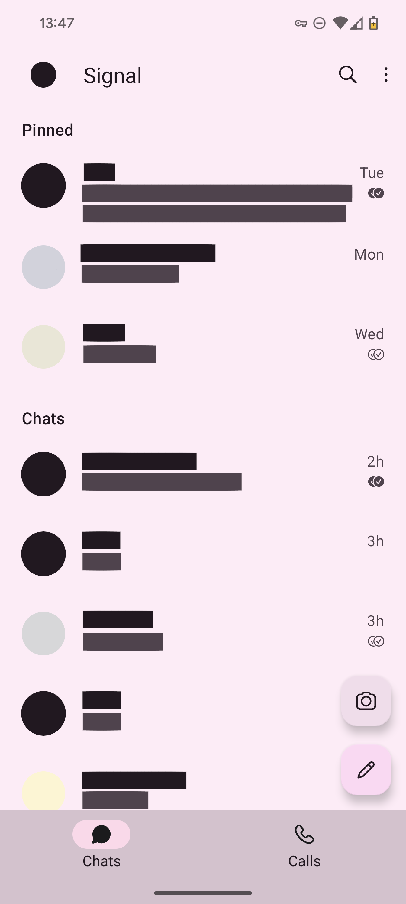 Signal conversation list with Material You colors. The app is mainly light and pink