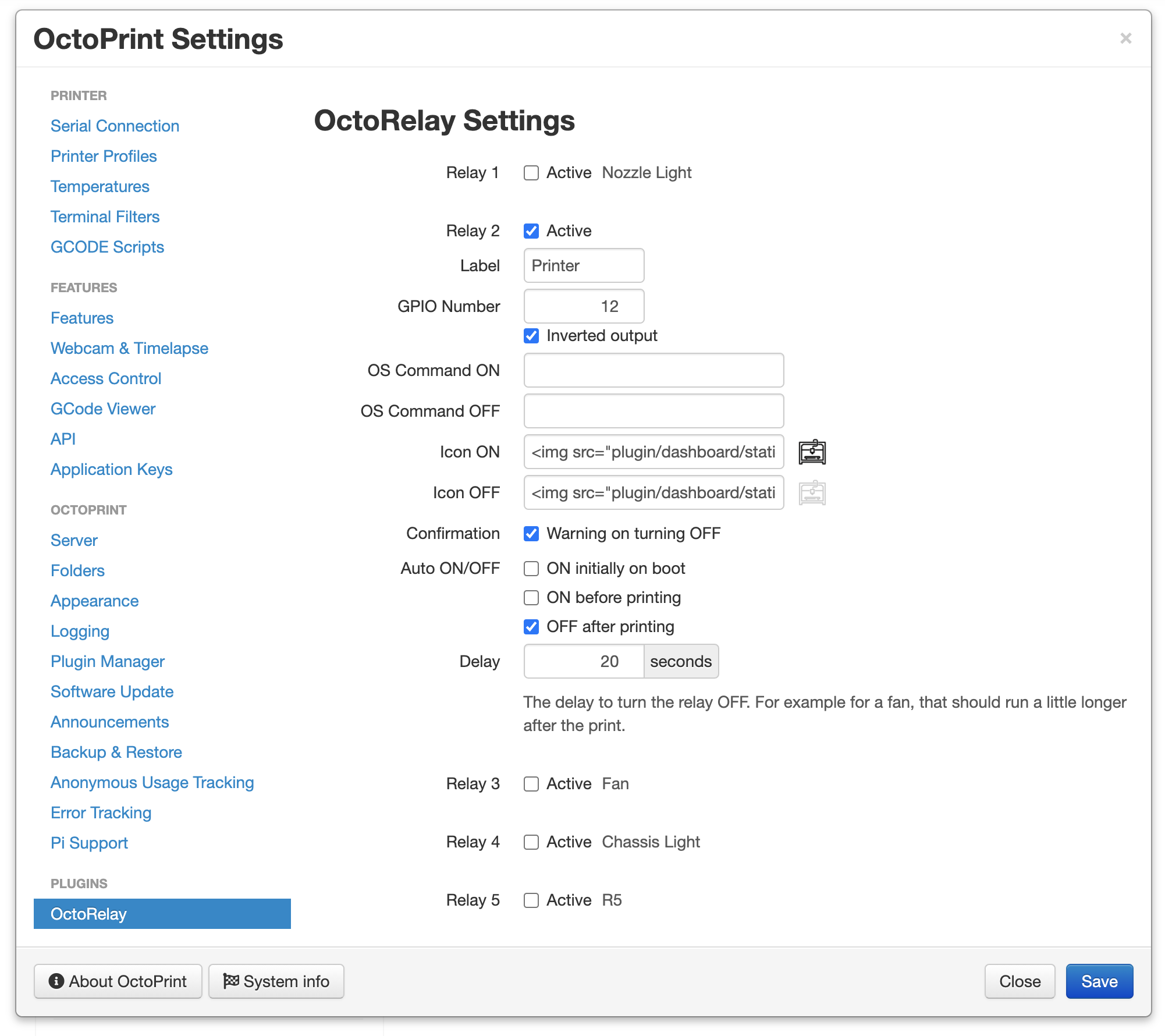 Settings panel