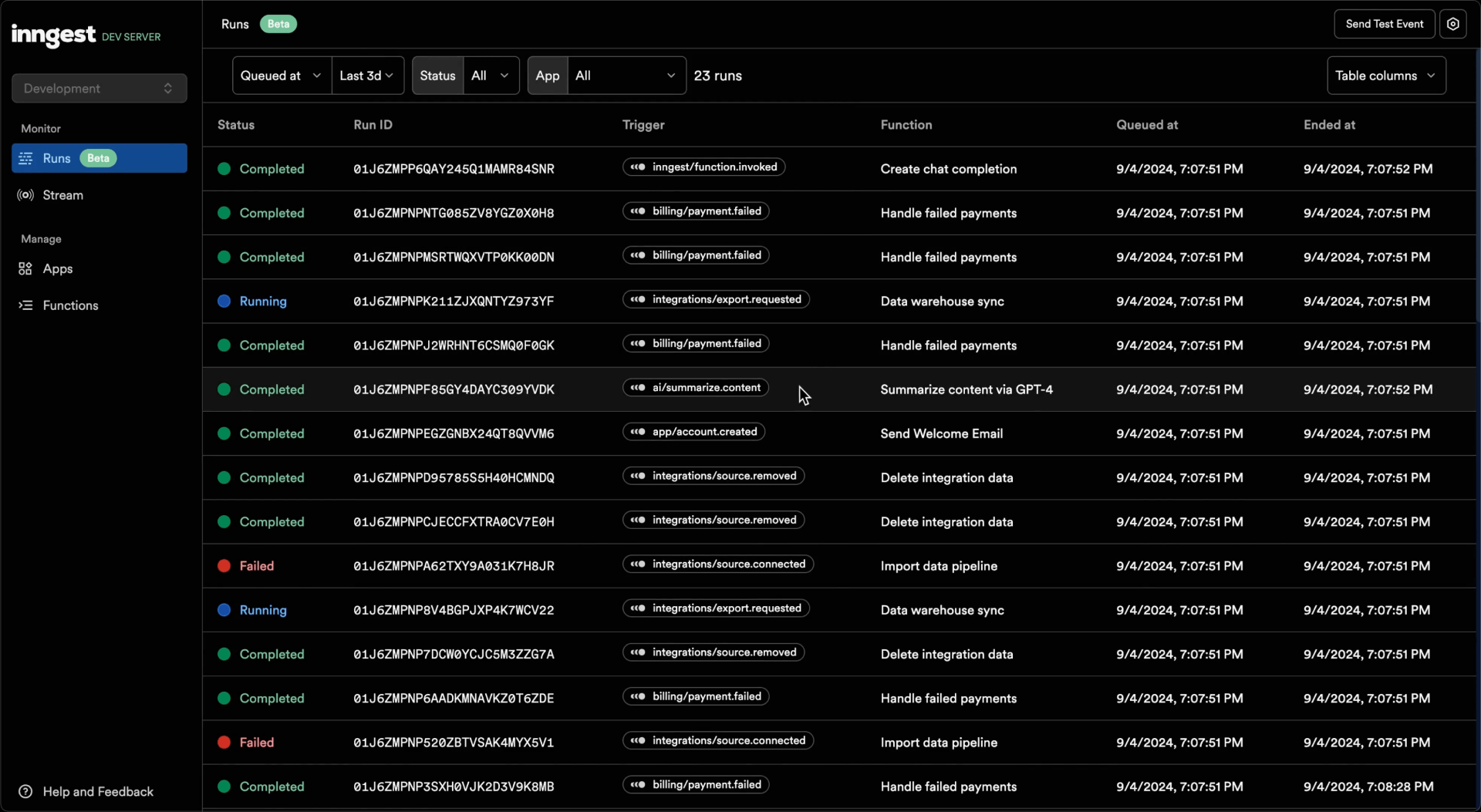 Screenshot of the Inngest dashboard served by the Inngest Dev Server