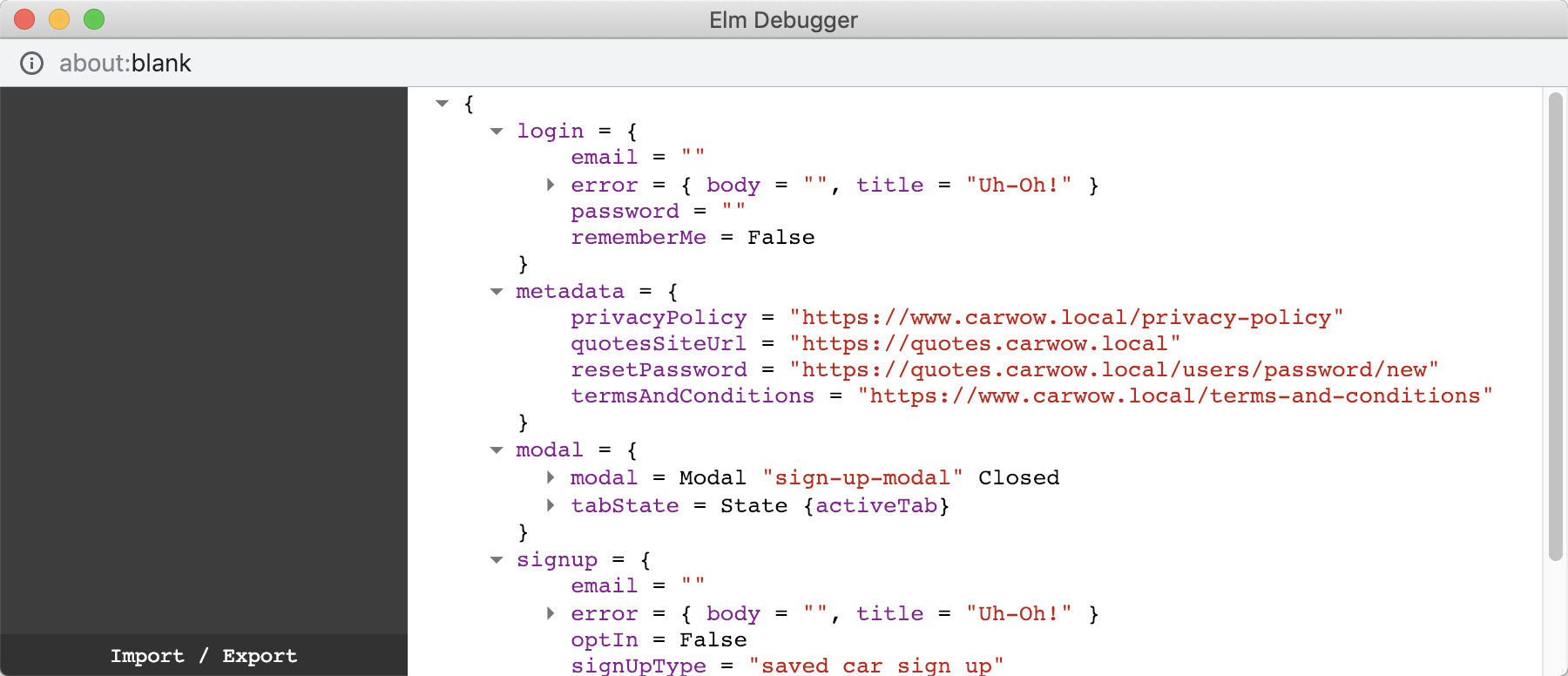 elm debugger window