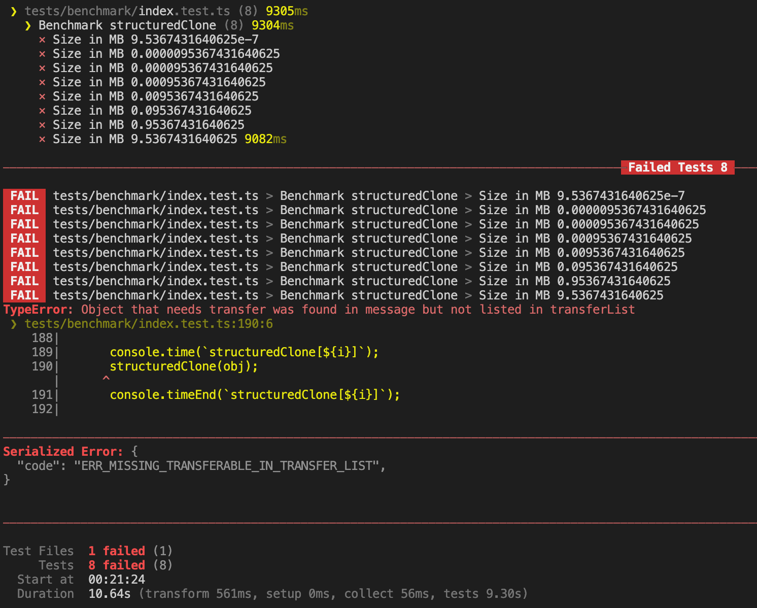 Error shown when trying to use structuredClone with an object which contains a transferable object