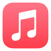 Apple Music icon with a white eighth note on a rounded red square with rounded edges