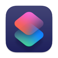 Apple Shortcuts app icon, consisting of two rounded diamonds stacked on top of each other with transparency, on a dark blue rectangular background with rounded edges