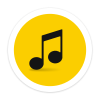 Eighth note in black, inside a yellow circle with a white border