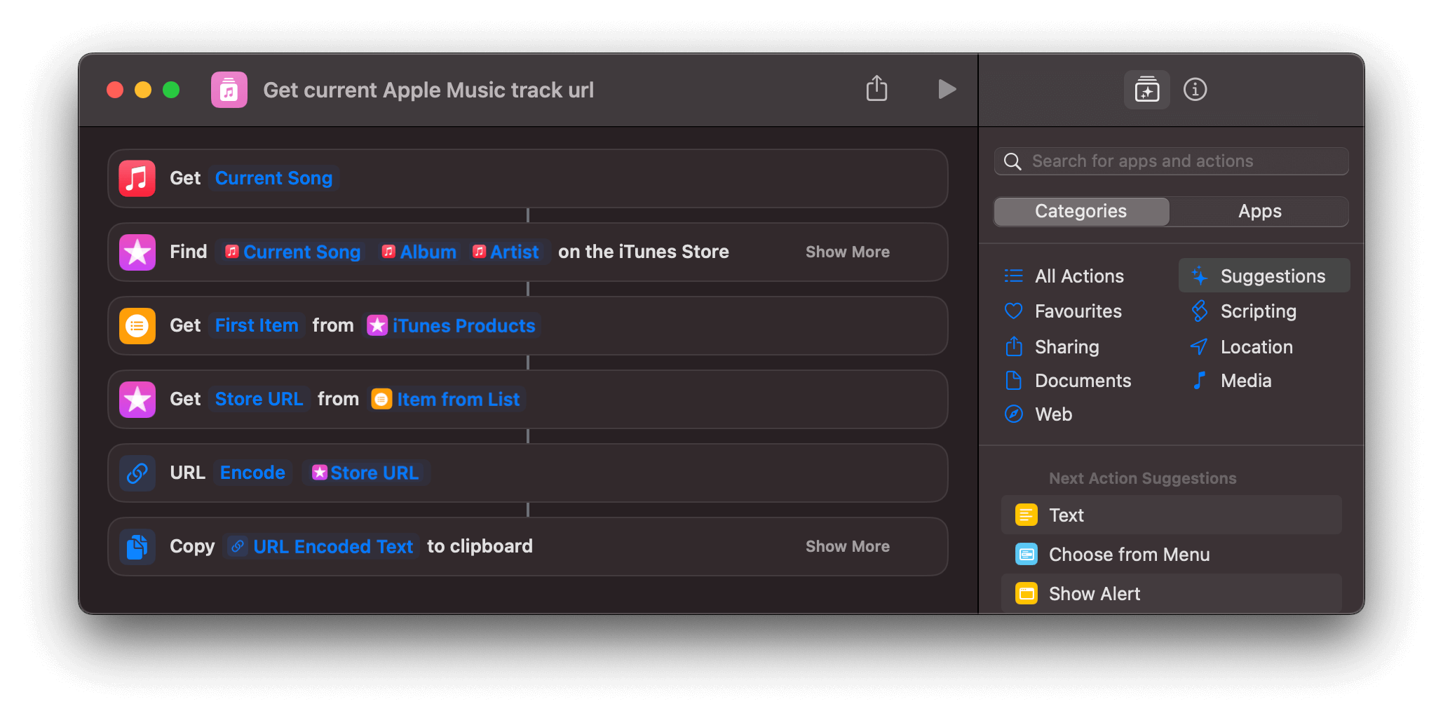 Steps of the shortcut to obtain the URL of the currently playing song on Apple Music. Retrieve song data, search for the URL, store it in a variable called "trackURL", clean and copy it to the clipboard