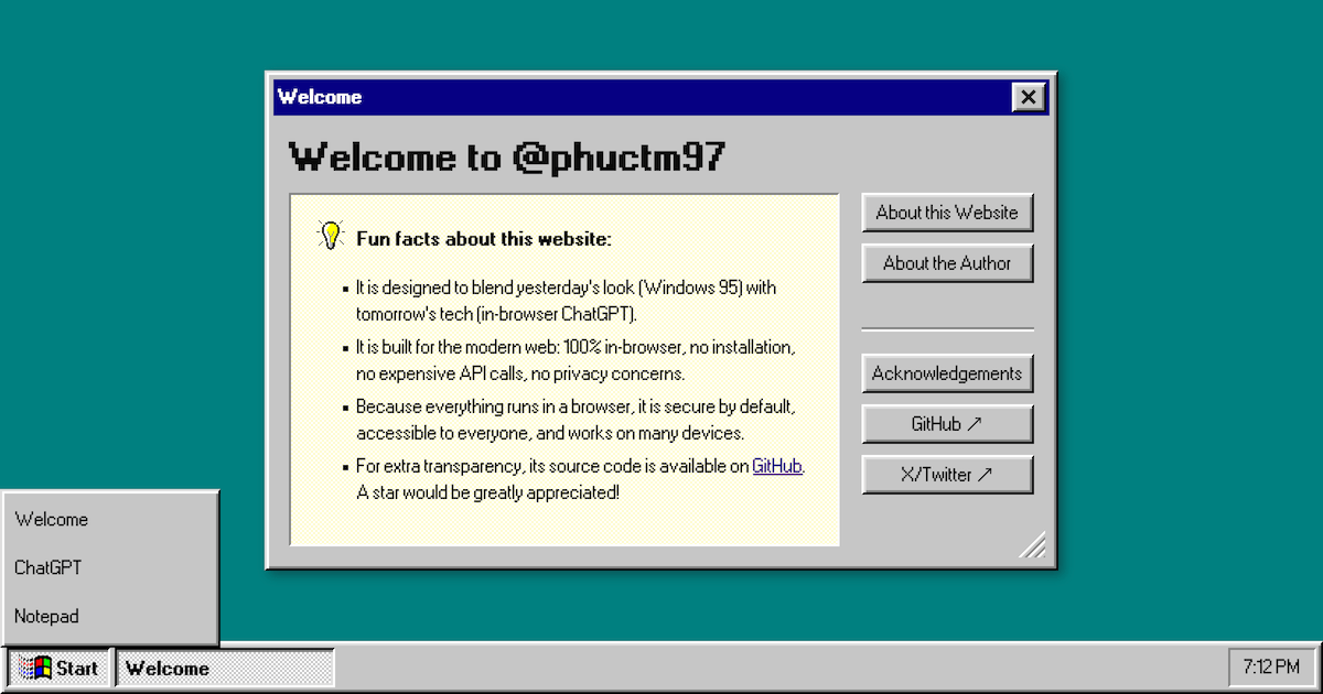 A portfolio with Windows 95 UI and ChatGPT-like AI