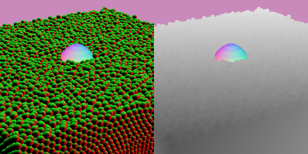 In RG channels, local position. In alpha channel, depth.