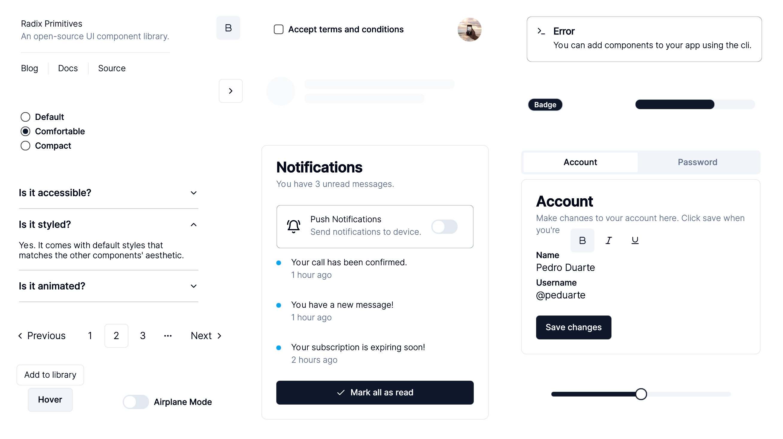 Overview over all default components