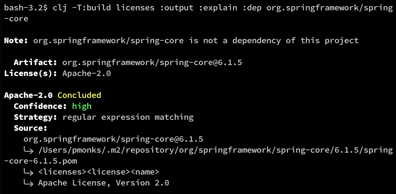 Example output from licenses task, explain sub-task