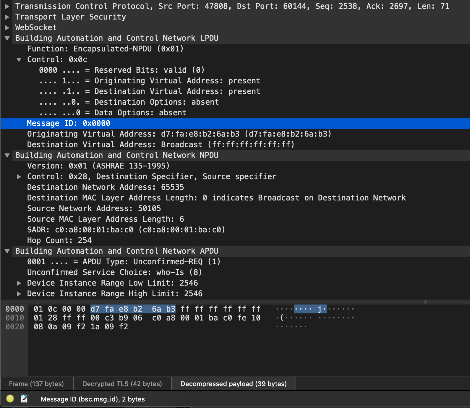 Screenshot showing a captured BACnet APDU.