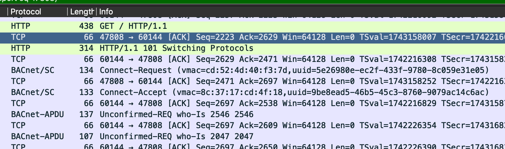 Screenshot of Wireshark showing a BACnet/SC node establishing a connection.