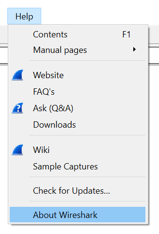 Screenshot showing a mouse about to click on the About Wireshark menu.