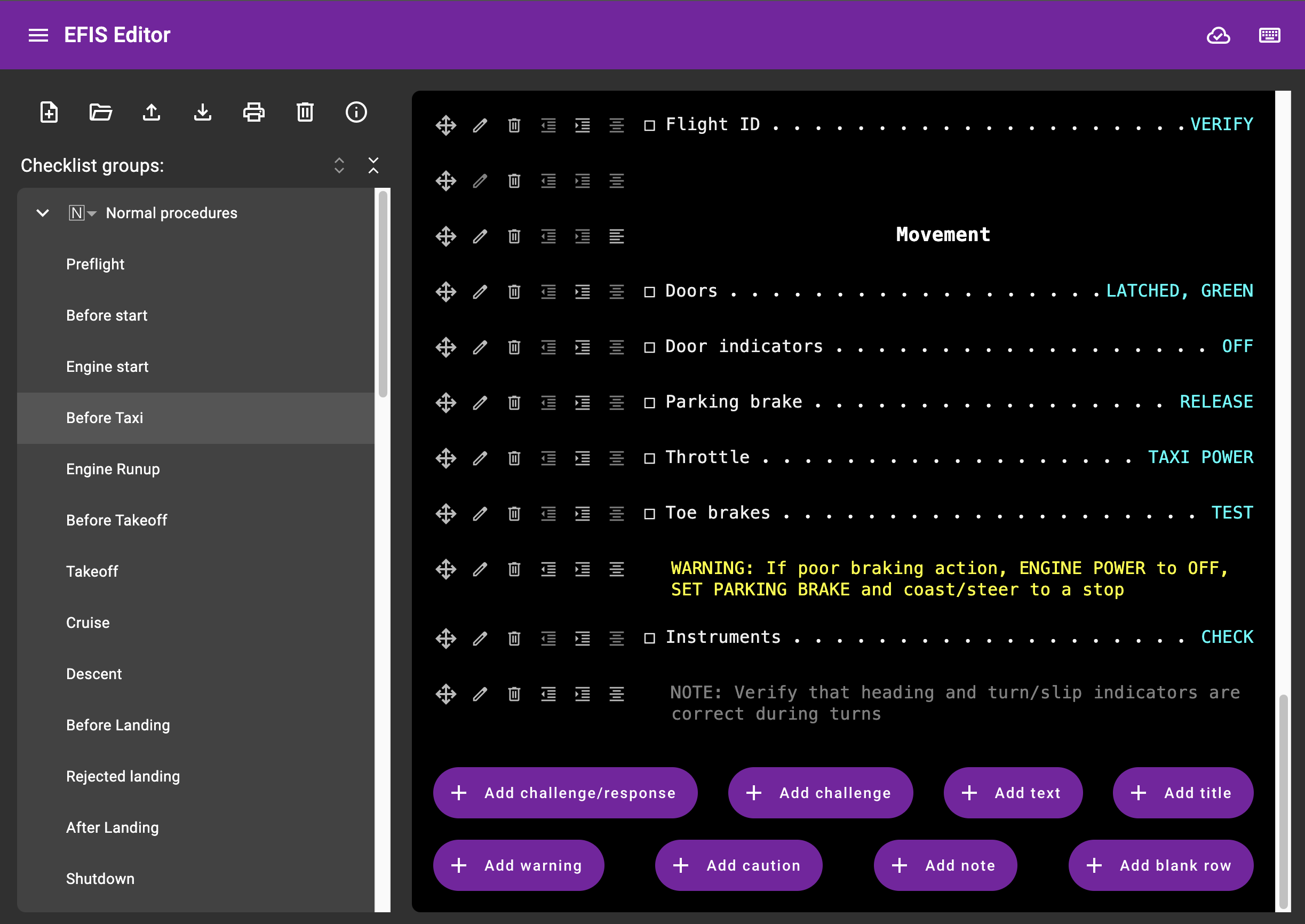 Screenshot of the checklist editor with a sample checklist displayed