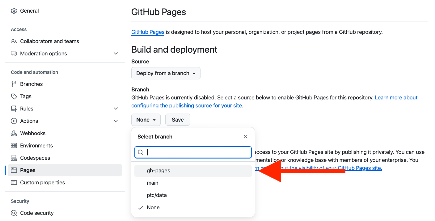 screenshot of the "Build and Deployment" section of the pages setting. There are two sub-headings that say "source" and "branch". The Source heading has a dropdown that is selected to "Deploy from a branch". The Branch heading shows a dropdown with gh-pages, main, ptc/data, and None as options for the "branch" dropdown. A red arrow is pointing to the gh-pages option, which is highlighted.