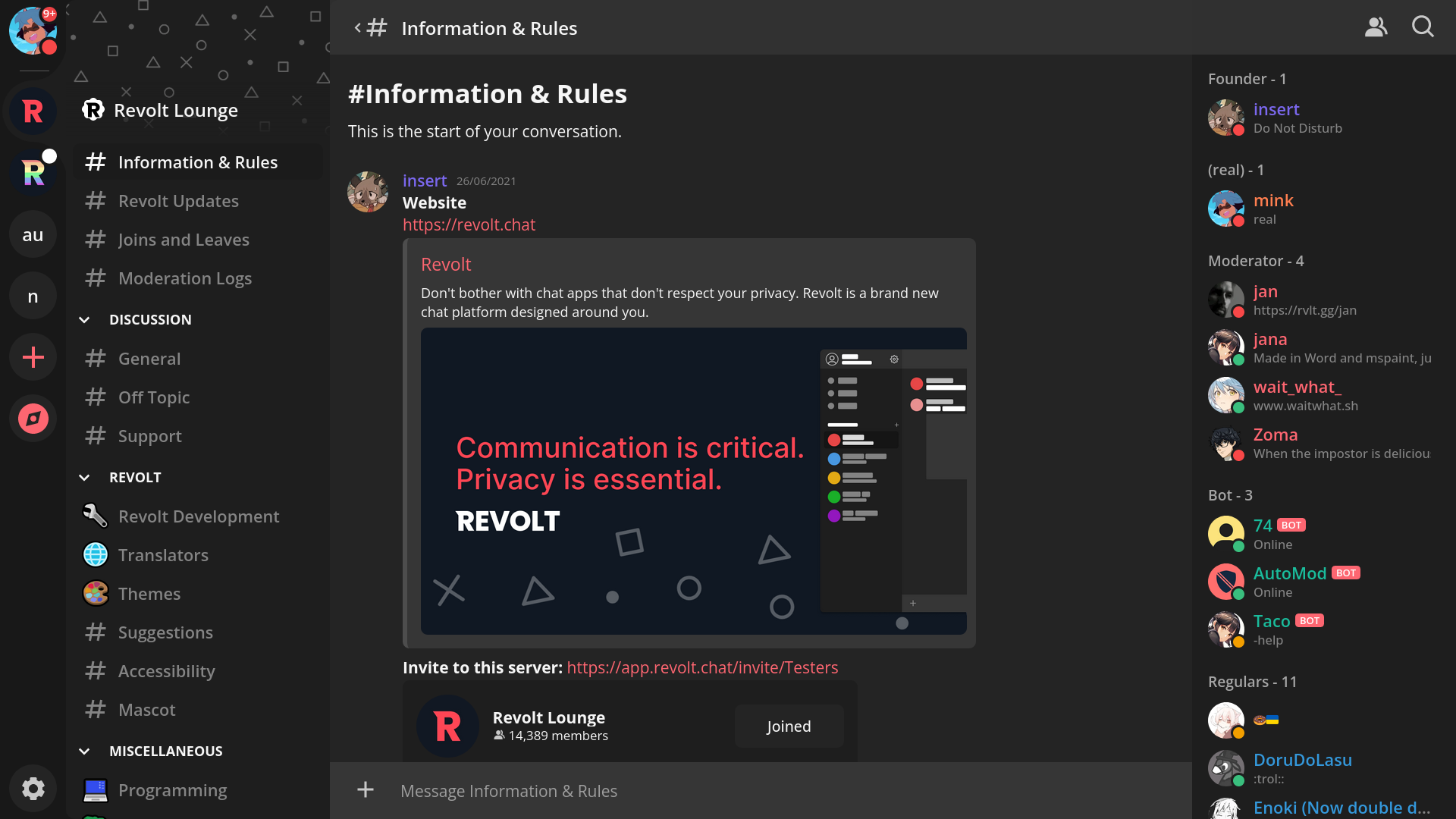 Screenshot of the Revolt client with the Revolt Testers server open in the Information and Rules channel.