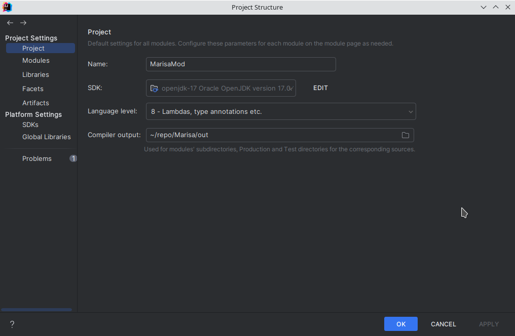 Intellij's Project Structure window, with its Language Level set to 8 and SDK to openjdk-17