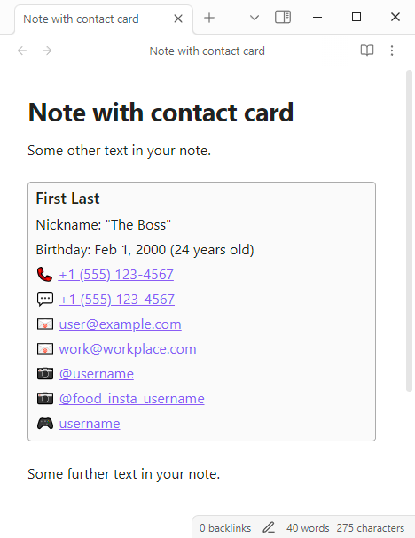 An Obsidian window showing a note in editing mode with a card rendered in the middle, containing a name and linked contact info