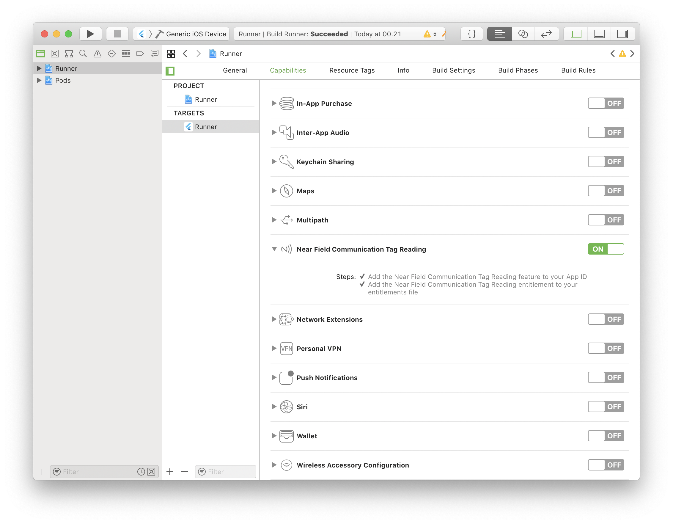 'Turn on Near Field Communication Tag Reading' capability  turned on for a project in Xcode