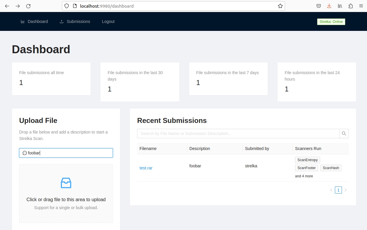 Strelka UI dashboard with file upload and recent uploads