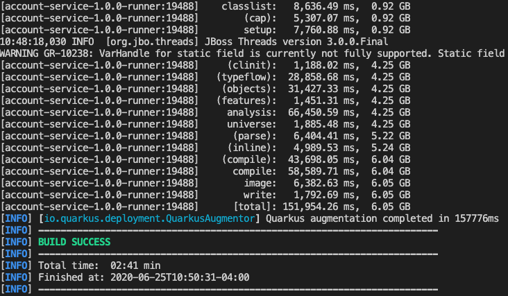 Quarkus native compile log