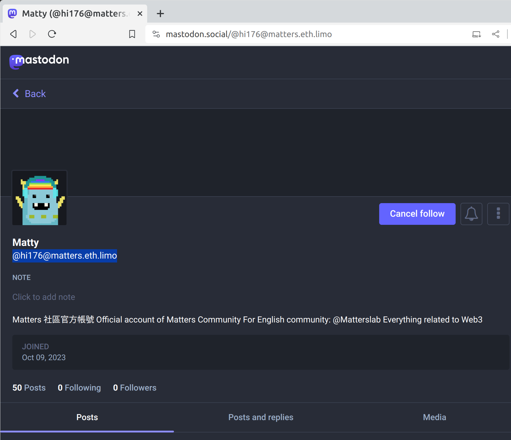 Screenshot of Matty shown on Mastodon