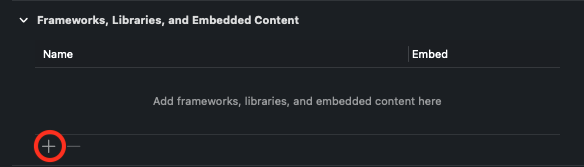 Screenshot of the Frameworks, Libraries, and Embedded Content section in Xcode with the plus button circled