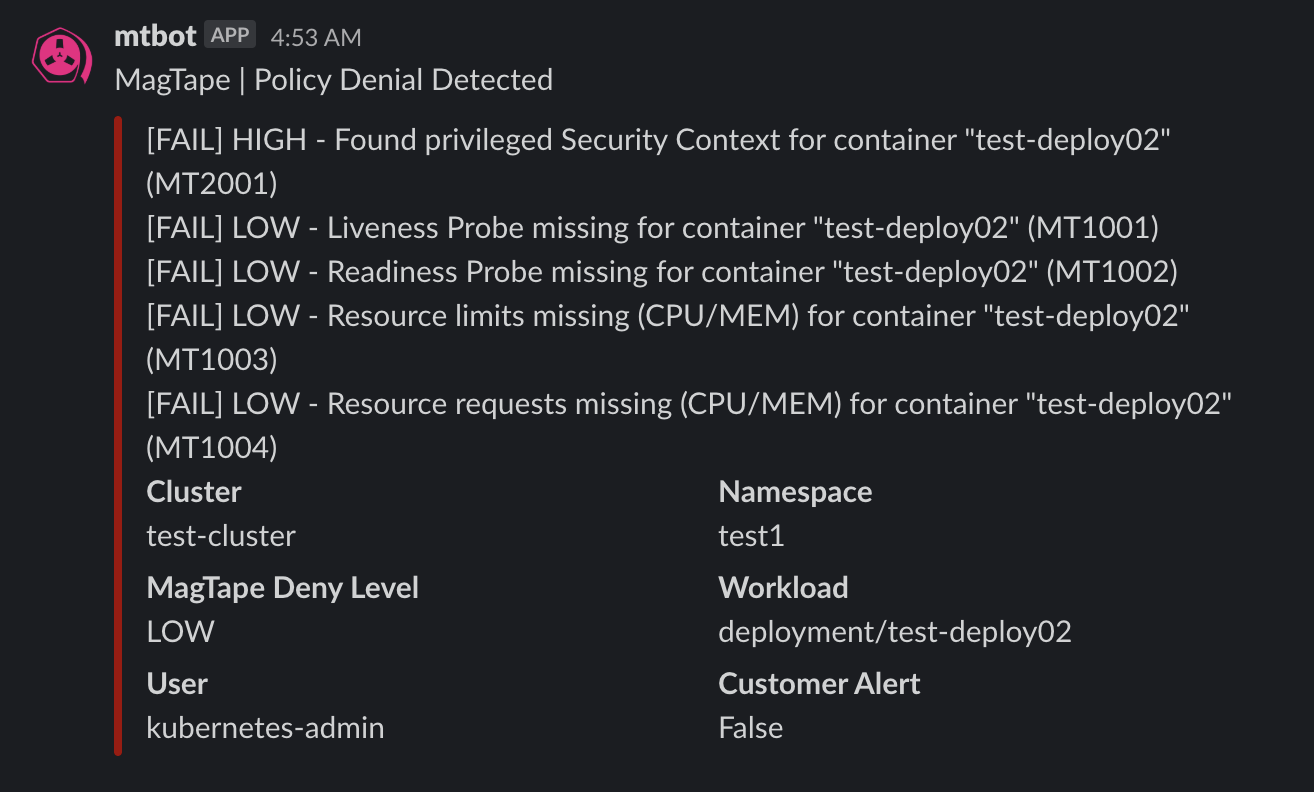 Slack Alert Deny Screenshot