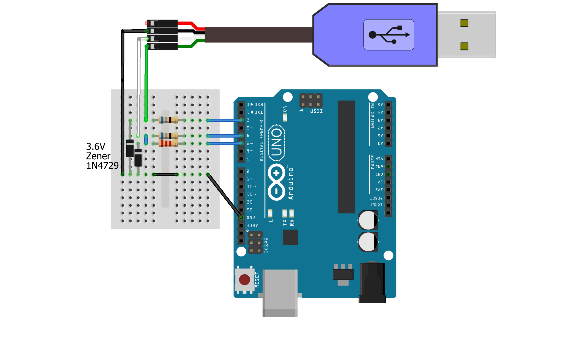 rendered graphic of V-USB wiring, set out on a breadboard