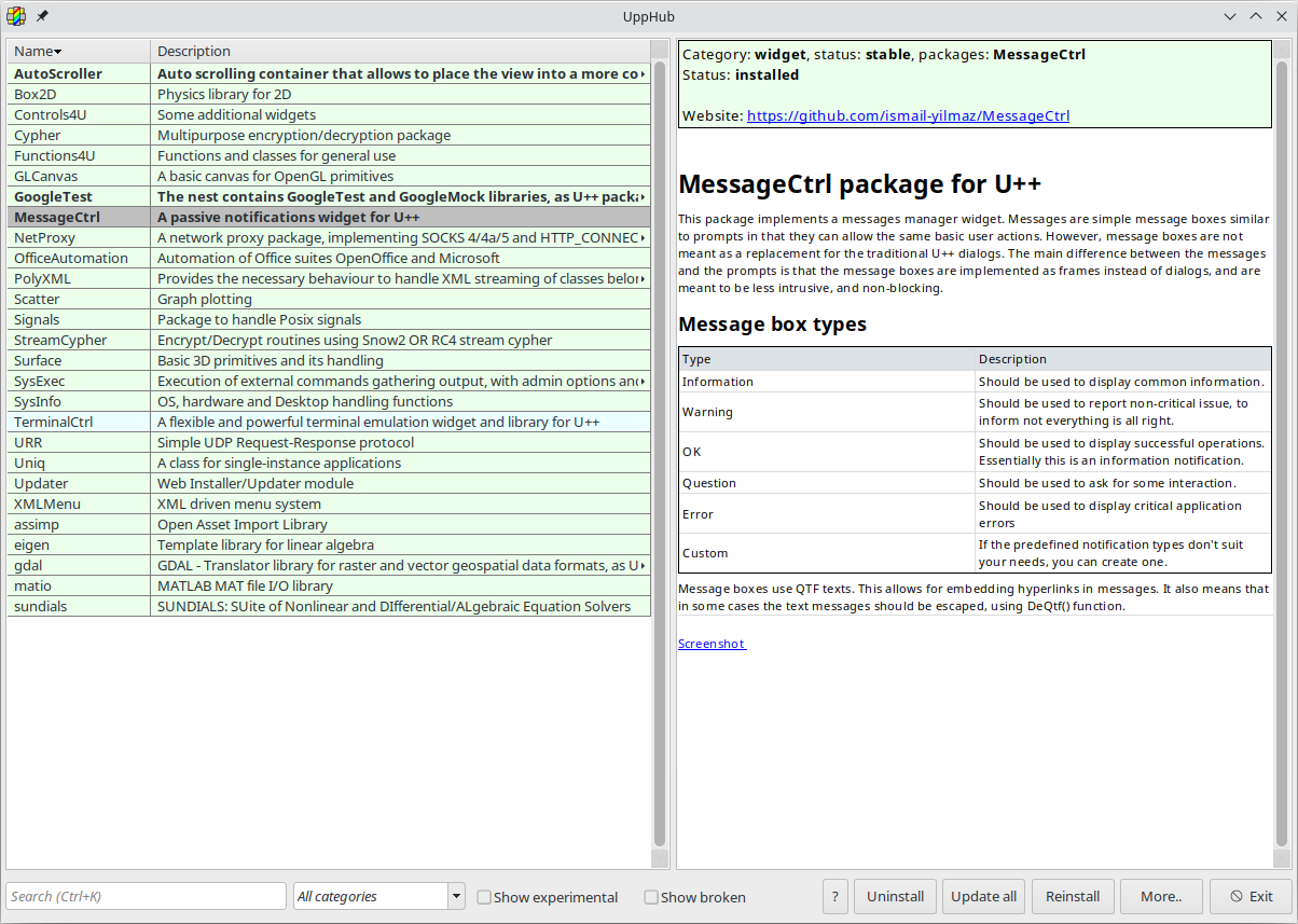 TheIDE - UppHub: displaying the registered MessageCtrl Package