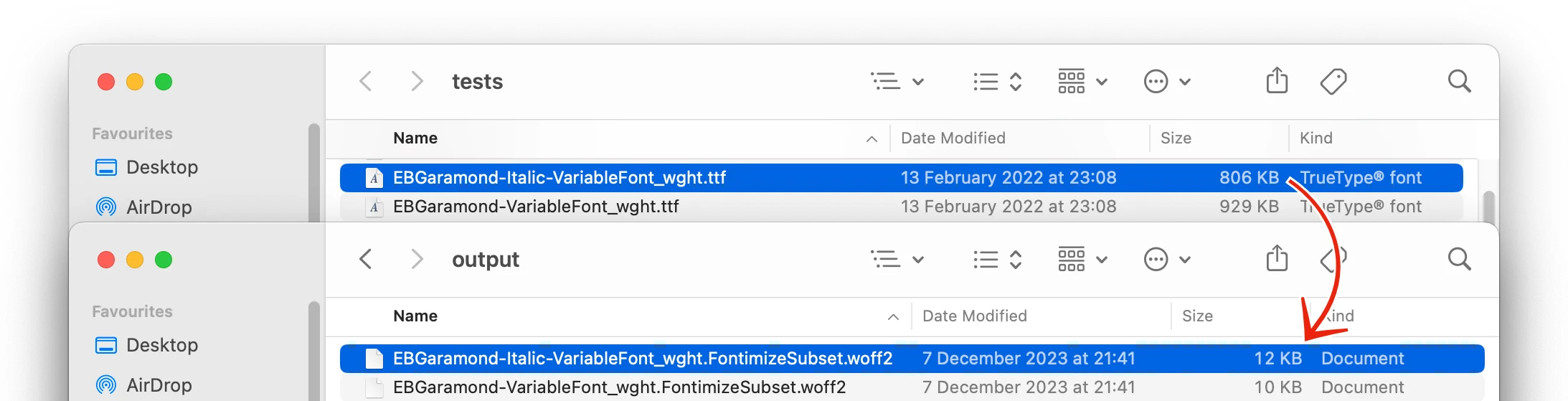 Screenshot of input fonts and the resulting optimized fonts, demonstrating greatly reduced file size