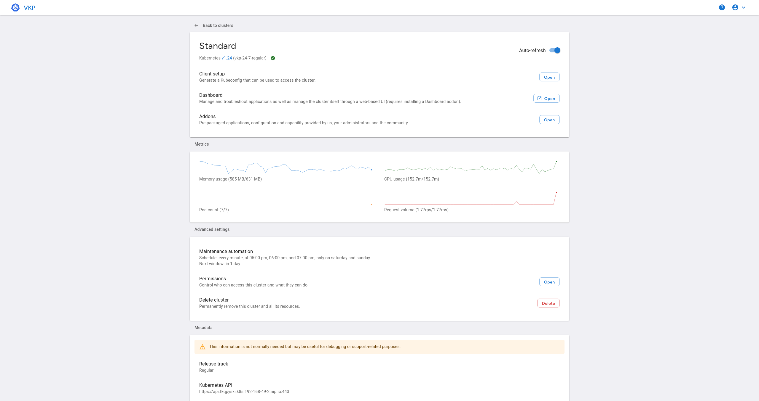 VKP cluster dashboard