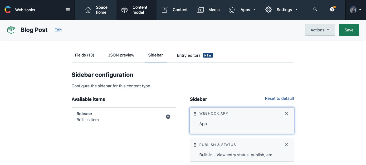 Content type sidebar configuration dialog