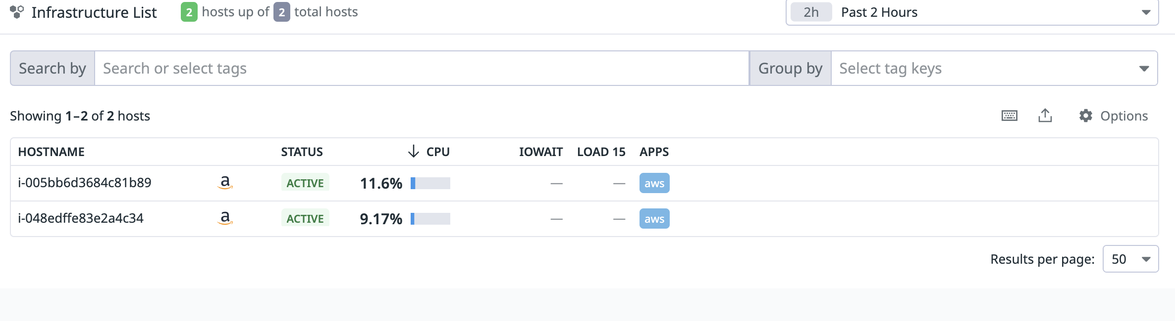 Datadog UI showing monitored hosts