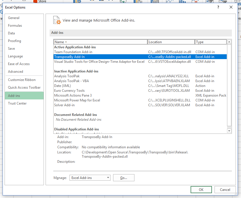 Excel AddIn Options Panel