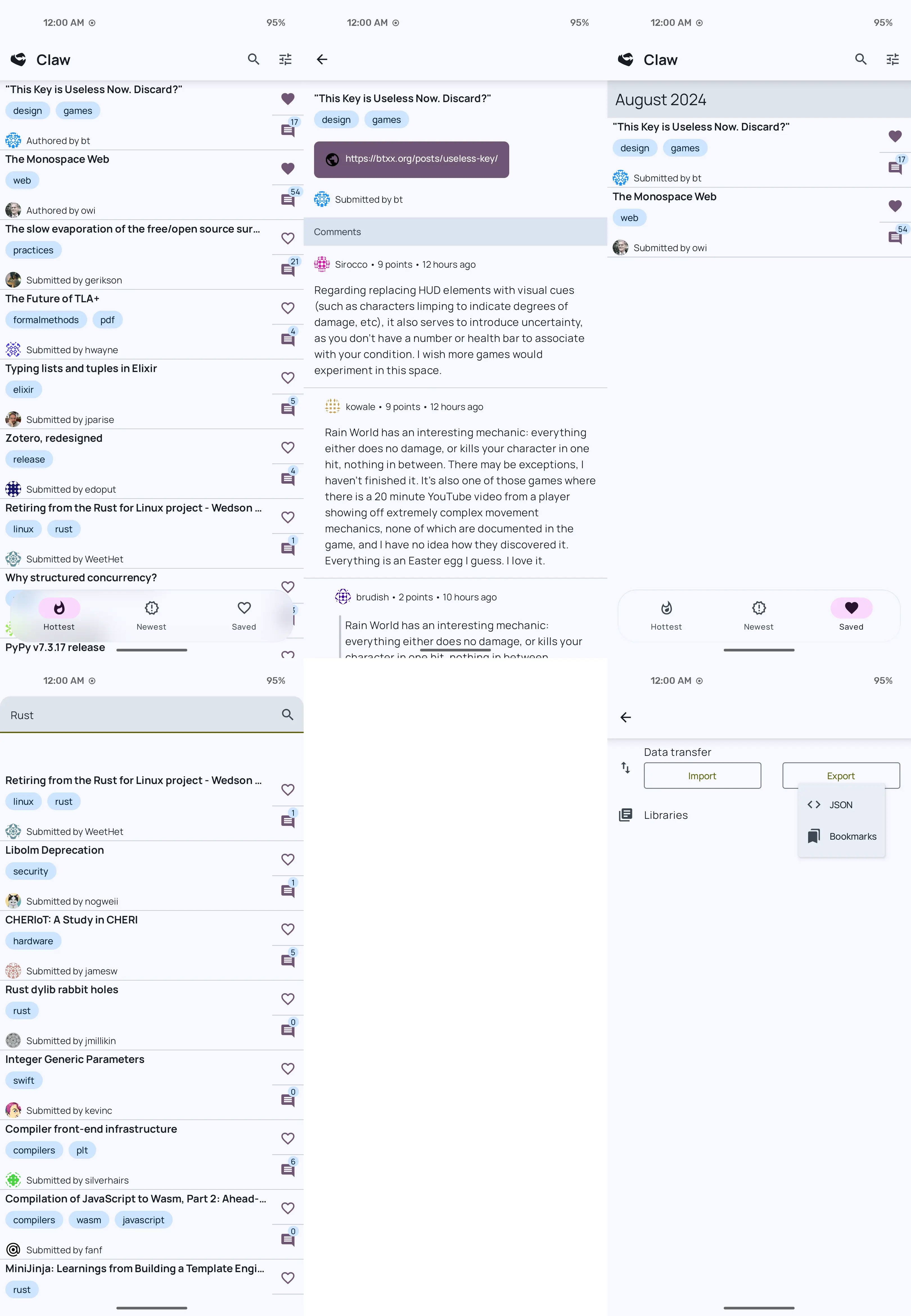 A grid of screenshots from the app, in clockwise order: the main screen, the comments page, the search page and the saved posts page