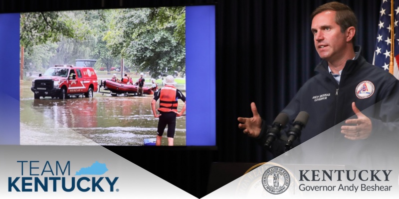 Governor Beshear talking at press conference about recent flood