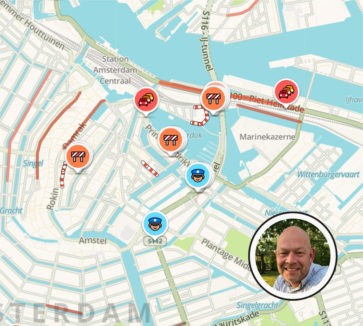 A map of Amsterdam Central with icons of construction marker, police officer, and cars in traffic visible on a several roads