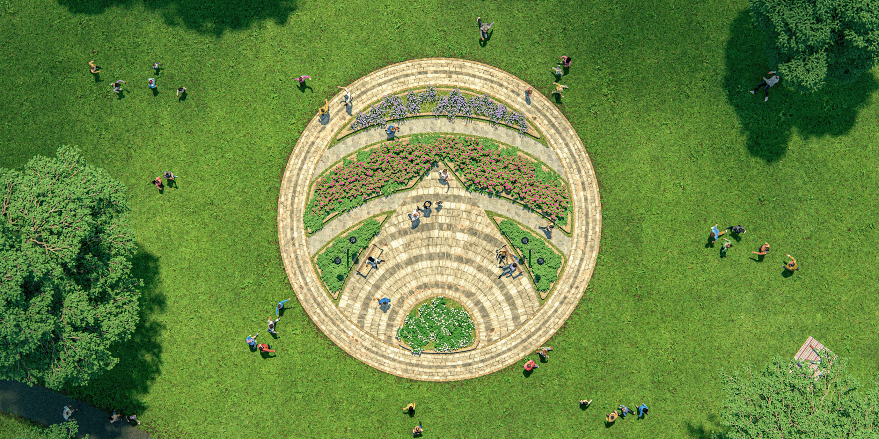 Aerial view of people playing in a park.